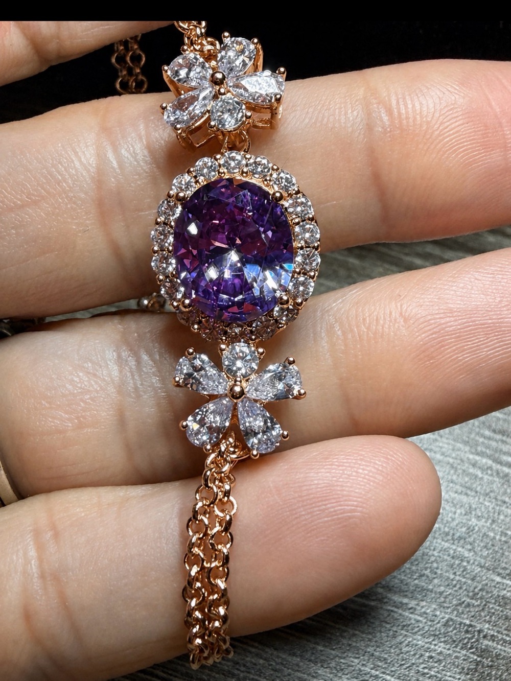 18K Gold-Electroplated Synthetic Amethyst & Cubic Zirconia Floral Bracelet